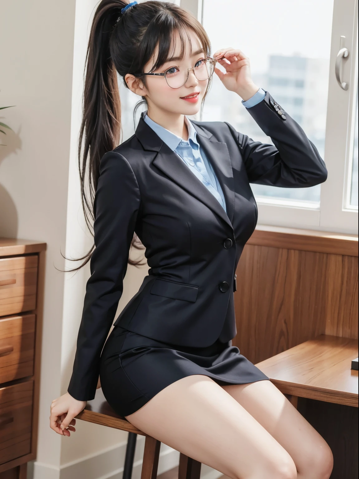 (Best quality, masterpiece, detailed), (RAW, 4k, hd images), 1 girl, , white skin, long hair, ponytail, layers hair, bangs, black hair, beautiful girl, cute girl, sweet girl, pretty girl, perfect girl, perfect body, pretty eyes, blue eyes, thin lips, (eye line, lip soft), perfect round breast, glasses(detailed frame), simple background, smile, thigh, legs, formal office uniforms, full body, modeling pose, free style pose, random angle capture, sexy