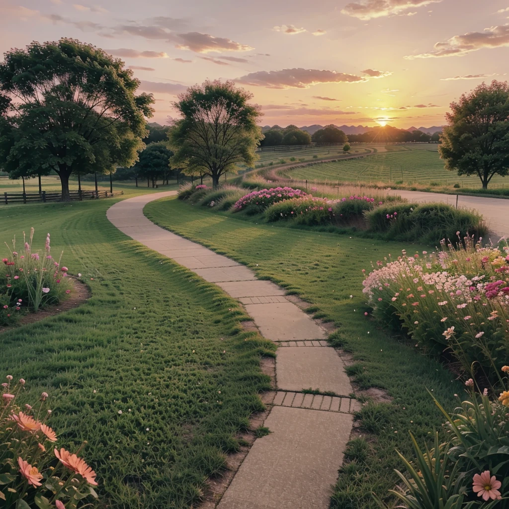 illustration,Pink sunset,geese walk along the path,flowers and green grass around