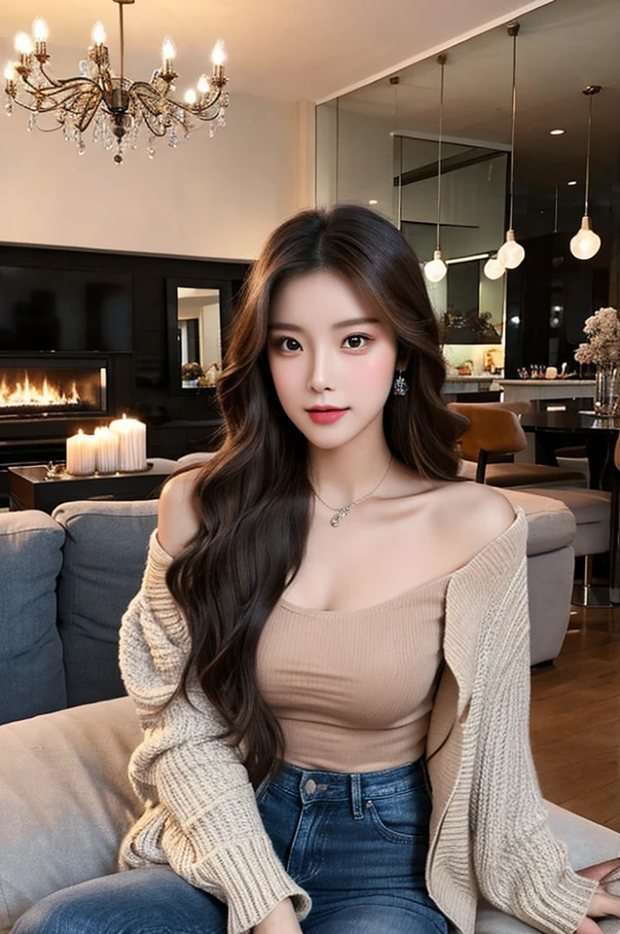Generate an image of a stunning 20-year-old Asian woman with beauty akin to a goddess of the fire element. She has big brown eyes, dark brown hair, glowing skin, and an attractive appearance. She is wearing a beautiful top paired with blue skinny jeans. The woman is sitting sweetly on a living room sofa, her posture relaxed and inviting, surrounded by cozy and elegant decor.