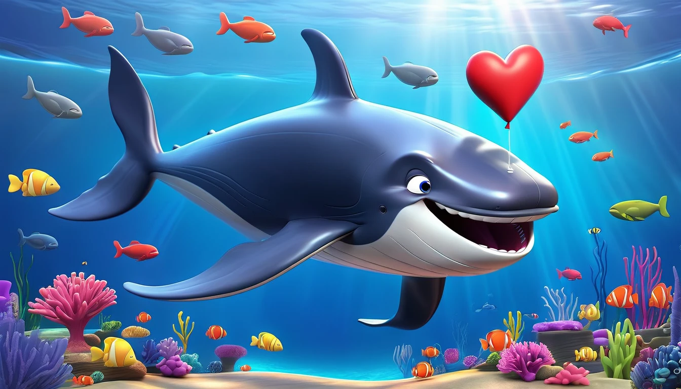 Create a 3-D Pixar style art scene for kids featuring a blue whale with a heart as big as a small car next to it. The scene should be colorful and vibrant, with an ocean background, coral reefs, and schools of fish. The overall mood should be engaging and inviting for young children.
