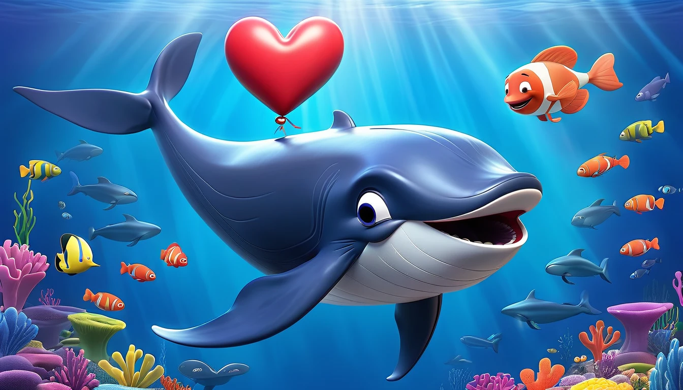Create a 3-D Pixar style art scene for kids featuring a blue whale with a heart as big as a small car next to it. The scene should be colorful and vibrant, with an ocean background, coral reefs, and schools of fish. The overall mood should be engaging and inviting for young children.