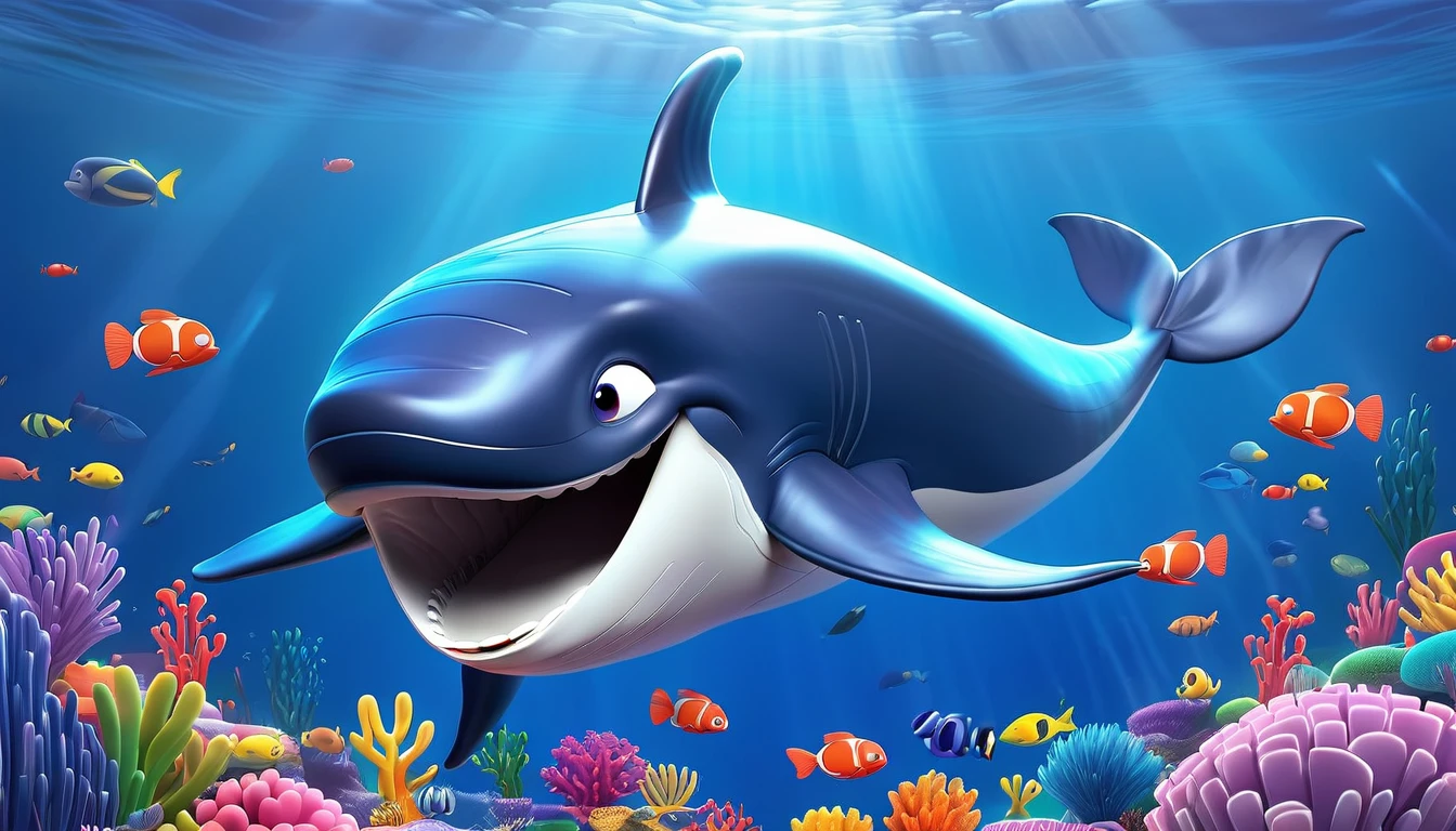 Create a 3-D Pixar style art scene for kids featuring a blue whale with a heart as big as a small car next to it. The scene should be colorful and vibrant, with an ocean background, coral reefs, and schools of fish. The overall mood should be engaging and inviting for young children.