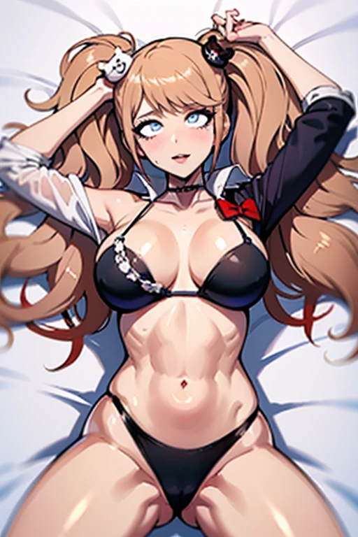 hot seductive mature woman, junko enoshima, slight tan, curvy body, smooth skin, fluffy pigtails, choker, completely black bikini, blushing a lot on cheeks and nose, lying in bed, messy hair, sharp blue eyes, beautiful face, safe for work, smooth skin, legs closeup, view from above