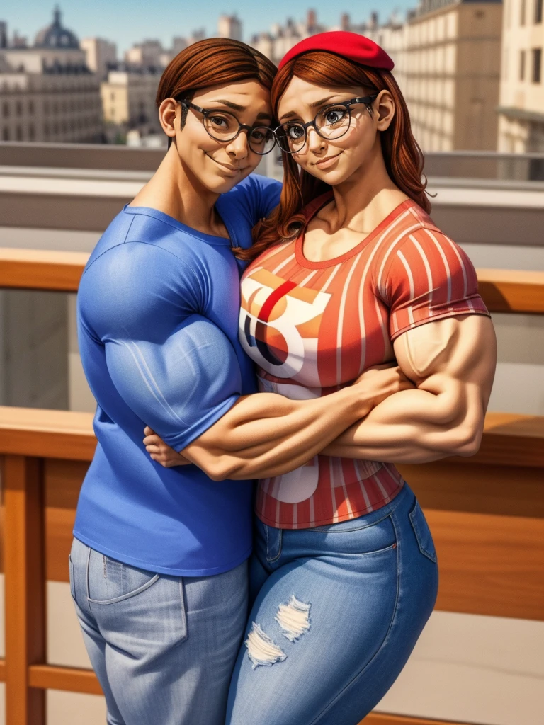 (masterpiece, best quality:1.2), A couple , boy Nino Lahiffe: Brown skin, dark hair, usually seen wearing a red cap, glasses, and casual clothing like a T-shirt and jeans, and a girl Alya Césaire: Brown skin, curly dark brown hair, often wears glasses, and typically seen in stylish, casual outfits. A casual day out with both characters in their everyday attire,Sharing a tender moment, like sitting on a rooftop overlooking Paris..(girl and boy:1), smiling, ((high resolution illustration)), ((extremely detailed)), (couple), Alya, Nino, Nino X Alya, (best quality,4k,8k,highres,masterpiece:1.2), ultra-detailed, realistic:1.37, HDR, studio lighting, extreme detail description, nino wearing a red cap, professional, vibrant colors, bokeh, ((muscular female bodybuilder)), detailed lips, strong embrace, romantic scene, intimate moment, intense passion, athletic bodies, fitness couple, gym background, muscular definition, sculpted muscles, sweat glistening,muscular.