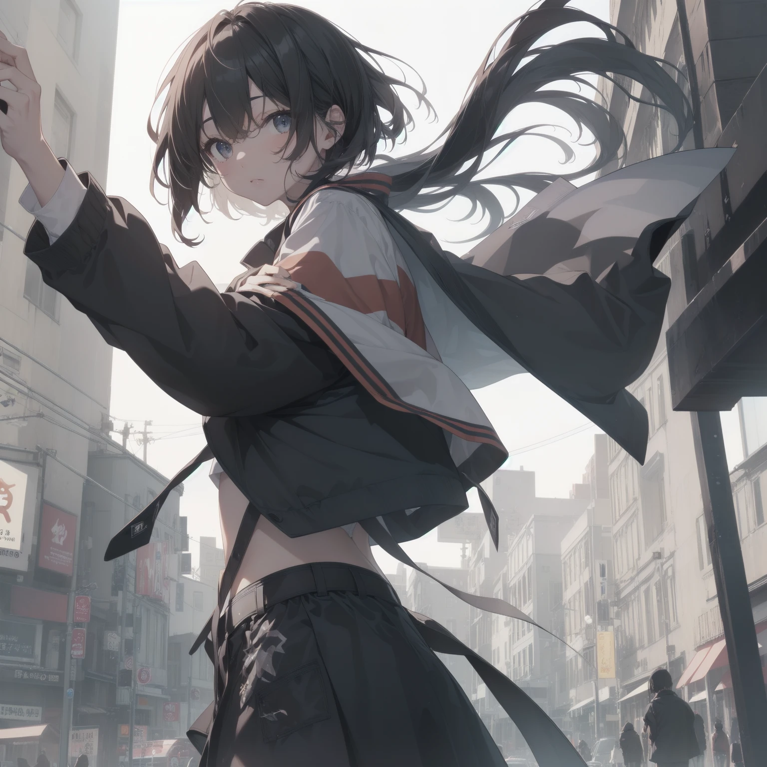 ultra-absurdres-Top quality by artist God, ultra-detailed, high resolution, anime moe artstyle, best anime 8k konachan wallpaper, pixiv contest winner, pool:2810, perfect anatomy,break, 1girl, (Please draw a girl walking sleepily to school alone. )break,(Solo,little female, 13-year-old:1.3),Full limbs, complete fingers,a junior high school student, (very short hair), short cut, flat chest, , small butt, small black eyes, beautiful detailed eyes, well-proportioned iris and pupils, expressive eyes, highres detailed hair, soft expression, salor school_uniform, sailor collar, serahuku, bow, pleated skirt,(Detailed Lighting), (Detailed background), in the School commute route.break, Best cinematic lighting powered by famous artist, 8k,beauty illustration,photoshop_(medium),very aesthetic,break,((artist:enkyo_yuuichirou )), artist:clamp ,artist:carnelian ,artist:kantoku ,
 break,dewy skin, perspiration on the skin,skin texture, fine lines, pores, natural imperfections,light reflections, glossy skin, shiny skin,