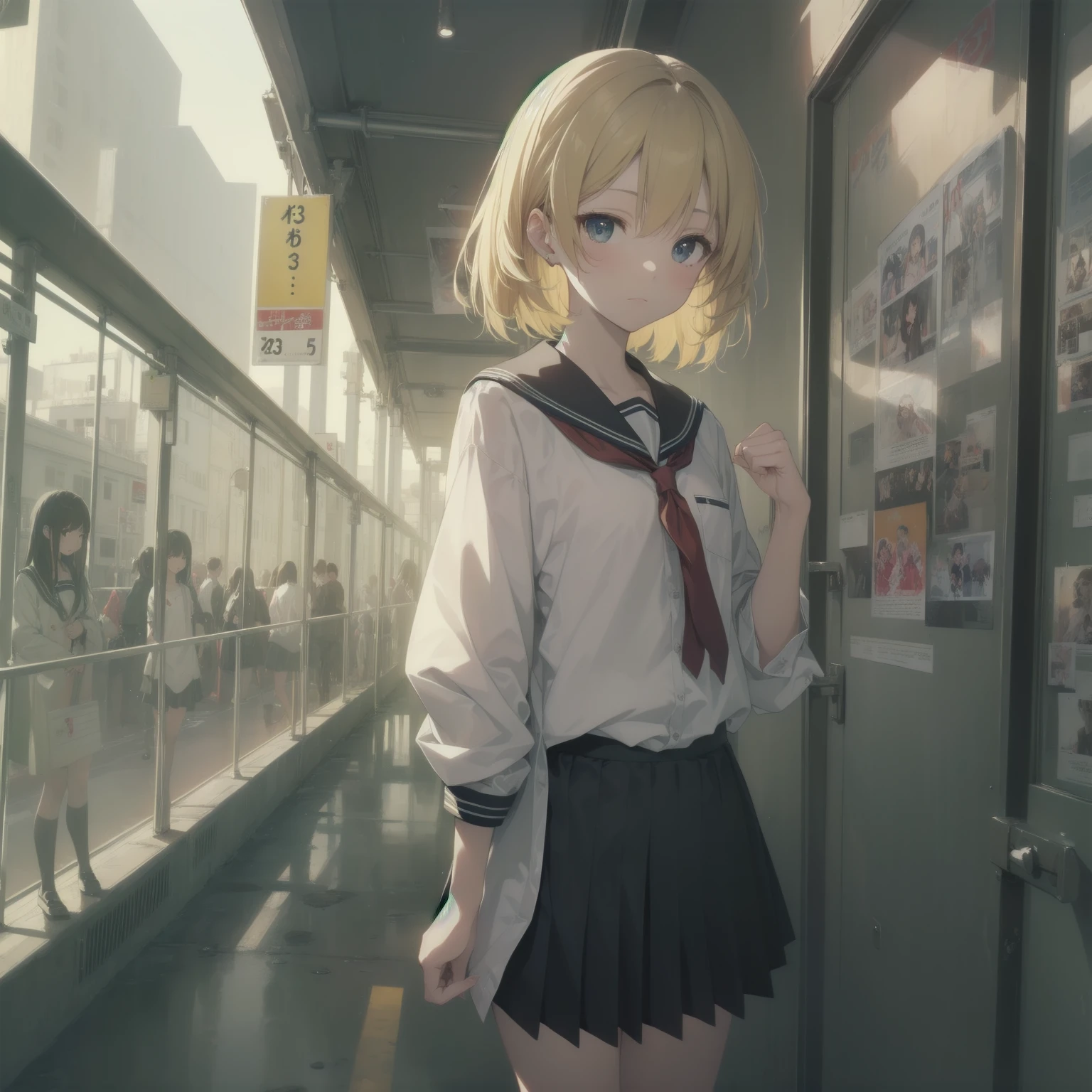 ultra-absurdres-Top quality by artist God, ultra-detailed, high resolution, anime moe artstyle, best anime 8k konachan wallpaper, pixiv contest winner, pool:2810, perfect anatomy,break, 1girl, (Please draw a girl walking sleepily to school alone. )break,(Solo,little female, 13-year-old:1.3),Full limbs, complete fingers,a junior high school student, (very short hair), short cut, flat chest, , small butt, small black eyes, beautiful detailed eyes, well-proportioned iris and pupils, expressive eyes, highres detailed hair, soft expression, salor school_uniform, sailor collar, serahuku, bow, pleated skirt,(Detailed Lighting), (Detailed background), in the School commute route. break,super detailed skin, Best cinematic lighting powered by famous artist, 8k,beauty illustration,photoshop_(medium),very aesthetic,break,((artist:enkyo_yuuichirou )), artist:clamp ,artist:carnelian ,artist:kantoku ,