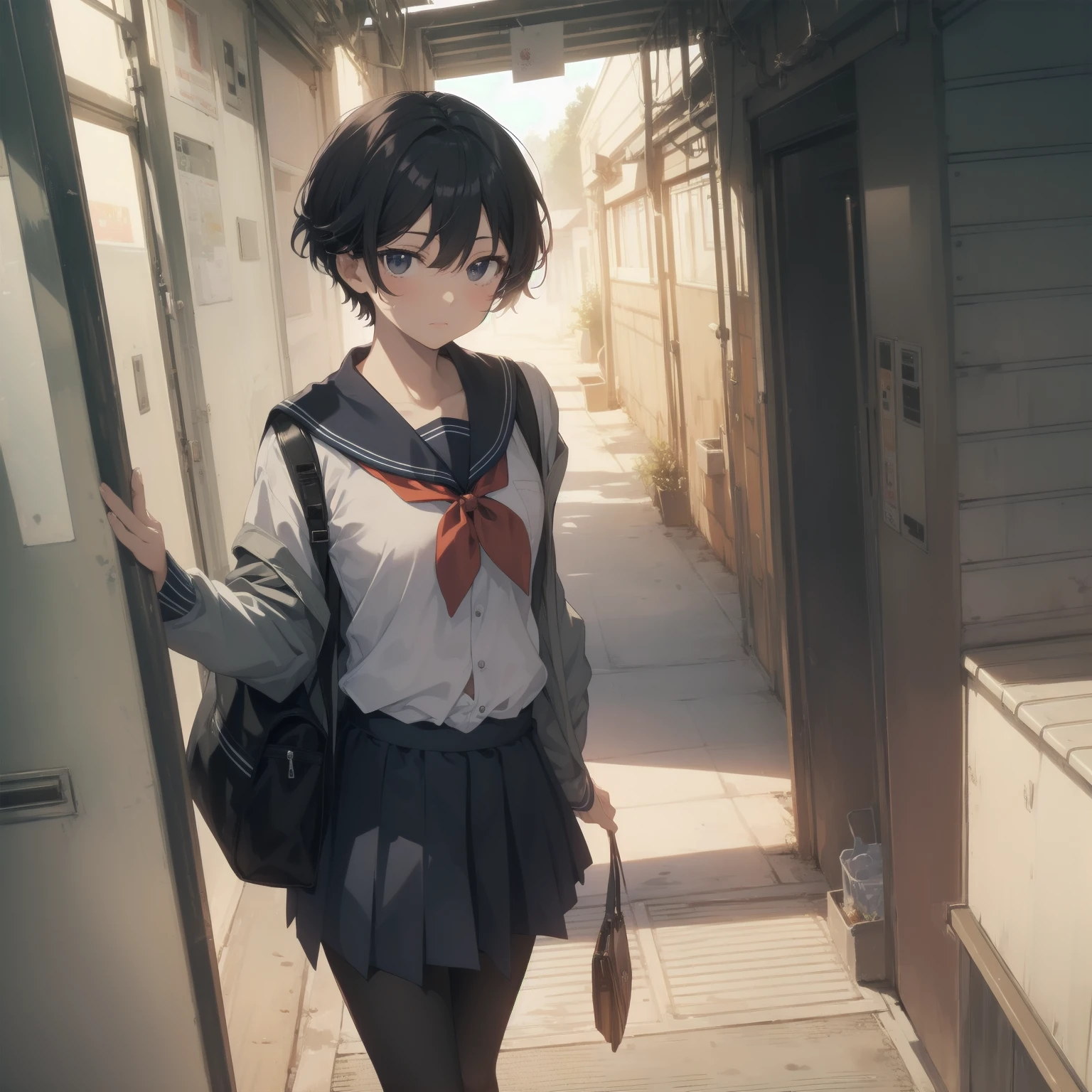 ultra-absurdres-Top quality by artist God, ultra-detailed, high resolution, anime moe artstyle, best anime 8k konachan wallpaper, pixiv contest winner, pool:2810, perfect anatomy,break, 1girl, (Please draw a girl walking sleepily to school alone. )break,(Solo,little female, 13-year-old:1.3),Full limbs, complete fingers,a junior high school student, (very short hair), short cut, flat chest, , small butt, small black eyes, beautiful detailed eyes, well-proportioned iris and pupils, expressive eyes, highres detailed hair, soft expression, salor school_uniform, sailor collar, serahuku, bow, pleated skirt,(Detailed Lighting), (Detailed background), in the School commute route. break,super detailed skin, Best cinematic lighting powered by famous artist, 8k,beauty illustration,photoshop_(medium),very aesthetic,break,((artist:enkyo_yuuichirou )), artist:clamp ,artist:carnelian ,artist:kantoku ,
