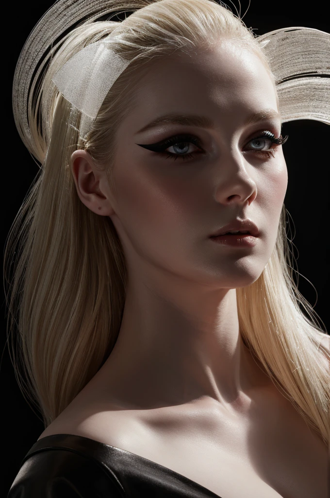 woman pretty, blonde, slicked back blonde hair , big , sexy, e skin , eyeliner ,white skin,foxy eyeliner , makeup ,pale woman painting, beautiful light deep focus, elegant, digital painting, smooth, dramatic lighting , 8k, art , black background,black background, black wallpaper