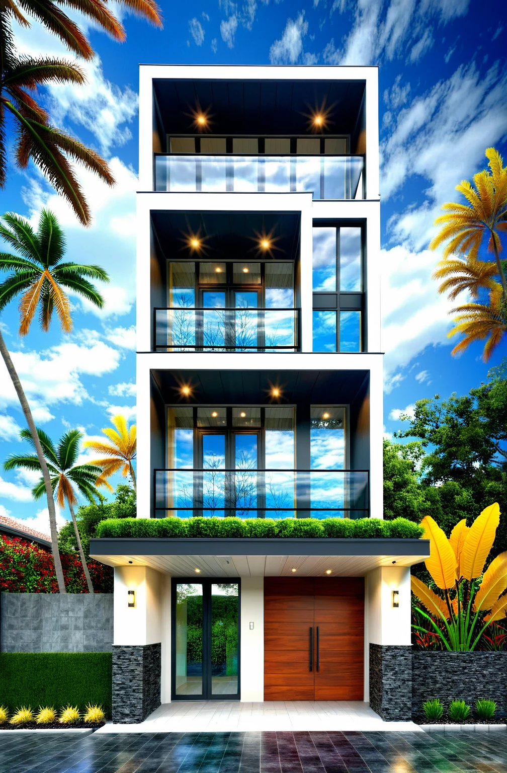 house exterior, modern style, colorful wall, dark granite wall, white ceiling, glass door, glass window, (actual: 1.2), Masterpiece, high quality, best quality, Realistic, super detailed, outdoor, road, sidewalk, grass, trees, sky, clouds, (daylight:1.1)