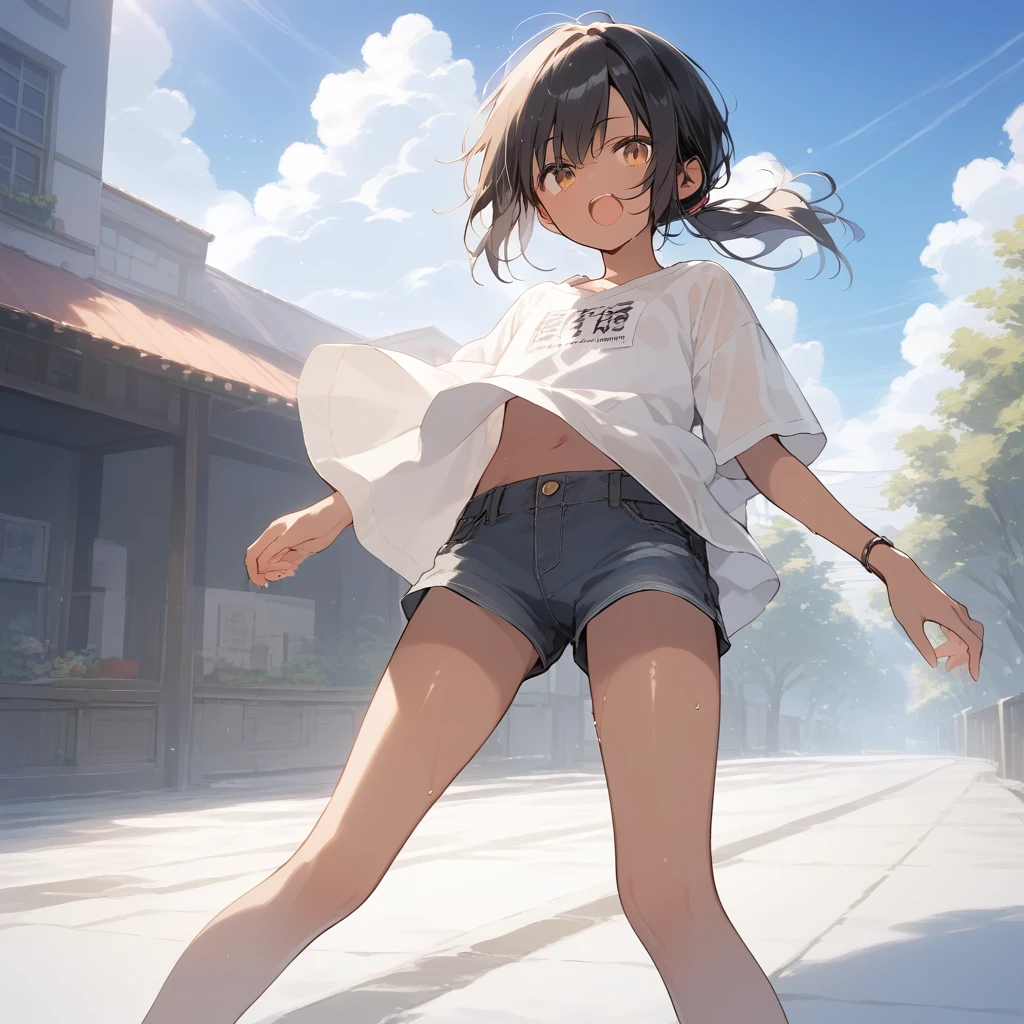 score_9, score_8_up, score_7_up, source_anime, best quality, masterpiece, official art, absurdres, highres, ultra-detailed,waifu2x,Collection: Slice of Life,break,1girl, tomboy, dark-skinned female, short hair, low ponytail, flat chest, beautiful detailed eyes, short shorts, sweat, open mouth, (yawn:0.3), sleepily, outdoors, wind, break,dewy skin, perspiration on the skin,skin texture, fine lines, pores, natural imperfections,light reflections, glossy skin, shiny skin,break,(clear line illustration:1.2),very high resolution, very aesthetic, Best sexual lighting powered by famous artist, 8k,cute picture,beauty illustration,photoshop_(medium),,(Detailed Lighting),best anime 8k konachan wallpaper, pixiv contest winner,