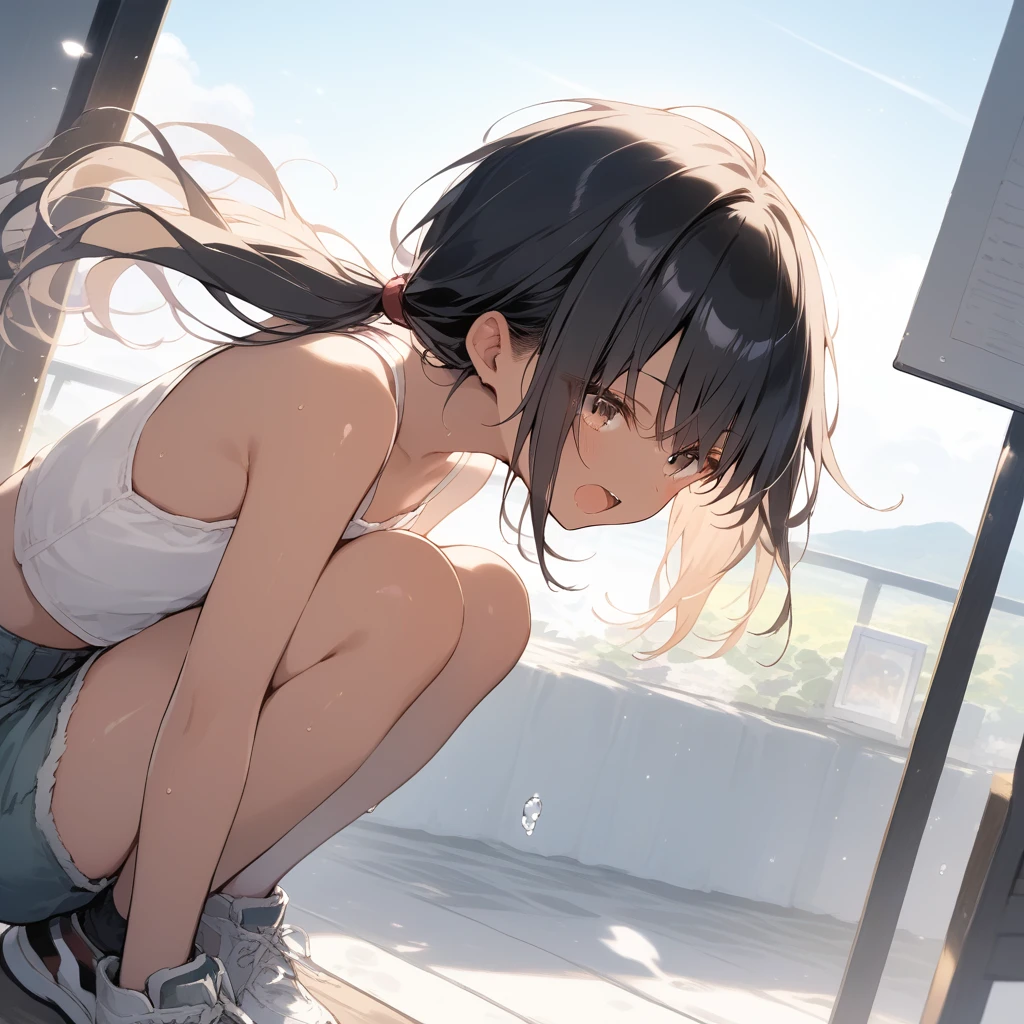 score_9, score_8_up, score_7_up, source_anime, best quality, masterpiece, official art, absurdres, highres, ultra-detailed,waifu2x,Collection: Slice of Life,break,1girl, tomboy, dark-skinned female, short hair, low ponytail, flat chest, beautiful detailed eyes, short shorts, sweat, open mouth, (yawn:0.3), sleepily, outdoors, wind, break,dewy skin, perspiration on the skin,skin texture, fine lines, pores, natural imperfections,light reflections, glossy skin, shiny skin,break,(clear line illustration:1.2),very high resolution, very aesthetic, Best sexual lighting powered by famous artist, 8k,cute picture,beauty illustration,photoshop_(medium),,(Detailed Lighting),best anime 8k konachan wallpaper, pixiv contest winner,