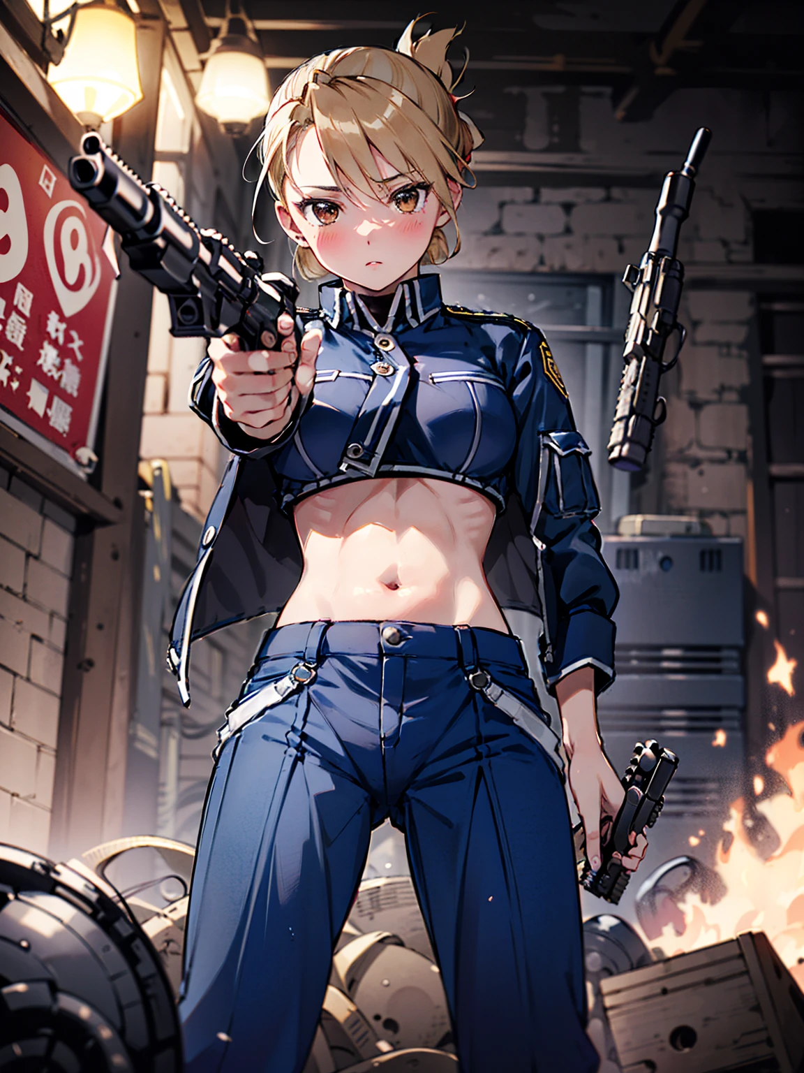 masterpiece, Highest quality, High resolution, One girl, (青いジャケットの下にBlack innerwearを着ている, uniform, Blue pants,), Folded ponytail, Brown eyes, ,Big Breasts, Black innerwear, (Bend down and shoot your gun:1.3), blush, (Ready your gun?)