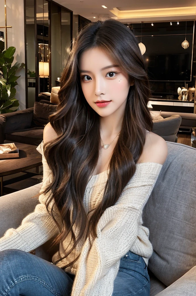 Generate an image of a stunning 20-year-old Asian woman with beauty akin to a goddess of the fire element. She has big brown eyes, dark brown hair, glowing skin, and an attractive appearance. She is wearing a beautiful top paired with blue skinny jeans. The woman is sitting sweetly on a living room sofa, her posture relaxed and inviting, surrounded by cozy and elegant decor.