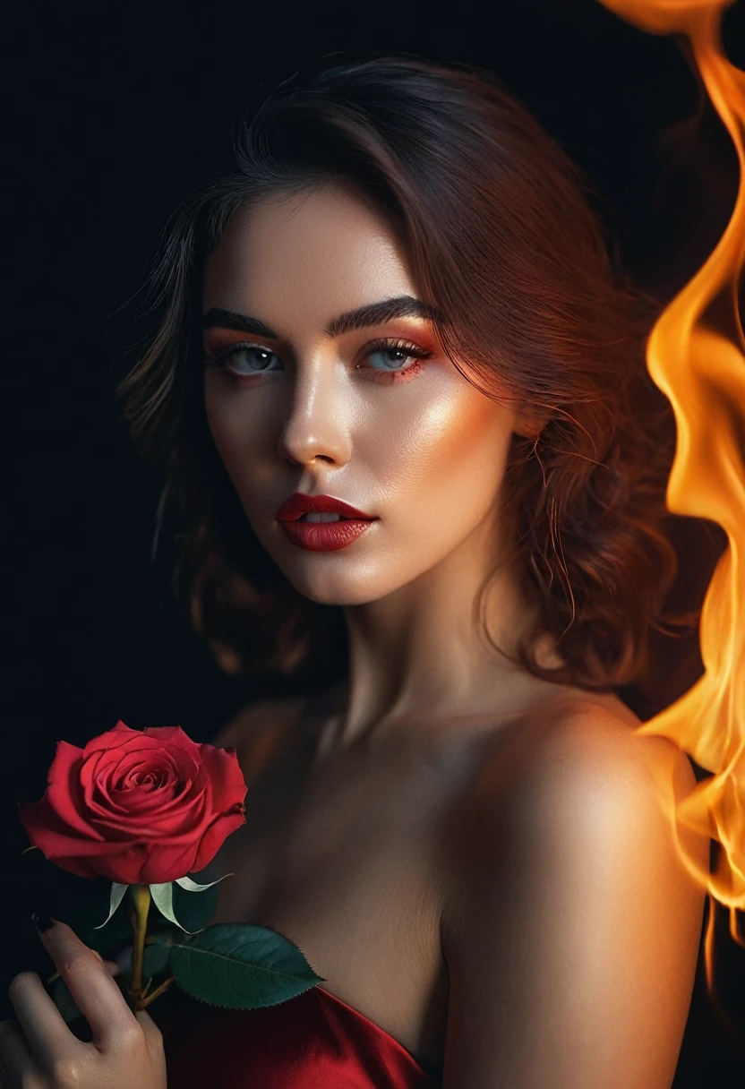 a woman with a rose on fire, flawless skin, whimsical photography style, photo captured by an Arriflex 35BL camera using Canon K25 prime lenses, cinematic, dramatic lighting, ultra clear, breathtaking surreal masterpiece. sensual pose