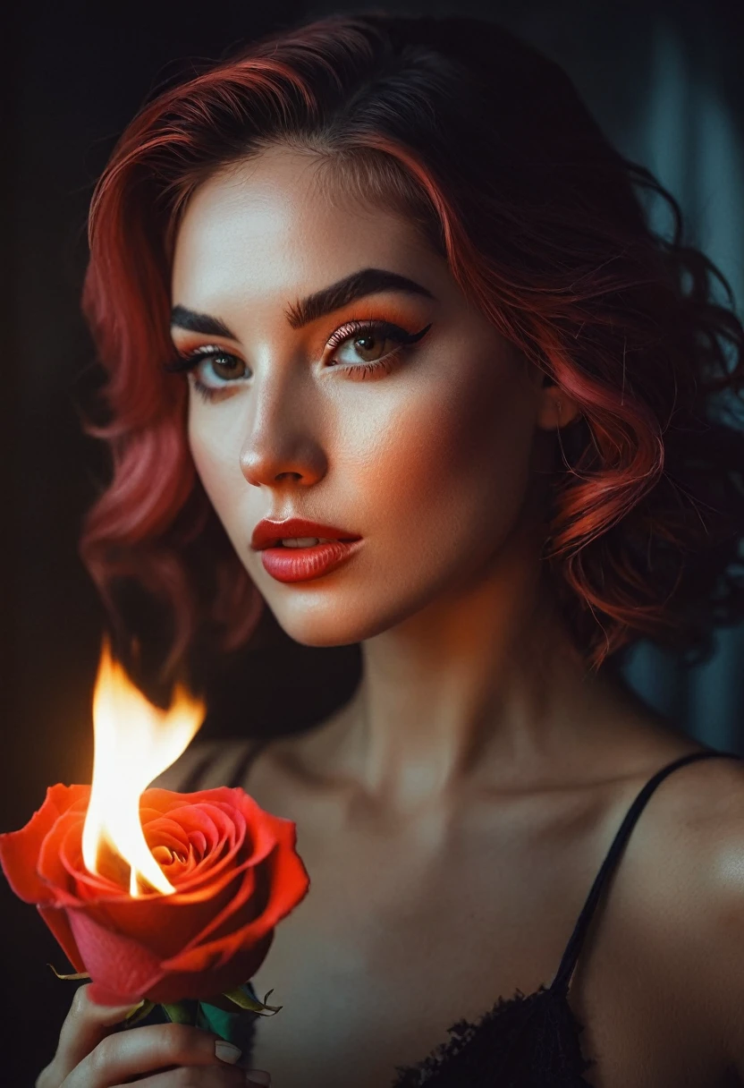 a woman with a rose on fire, flawless skin, whimsical photography style, photo captured by an Arriflex 35BL camera using Canon K25 prime lenses, cinematic, dramatic lighting, ultra clear, breathtaking surreal masterpiece. sensual pose
