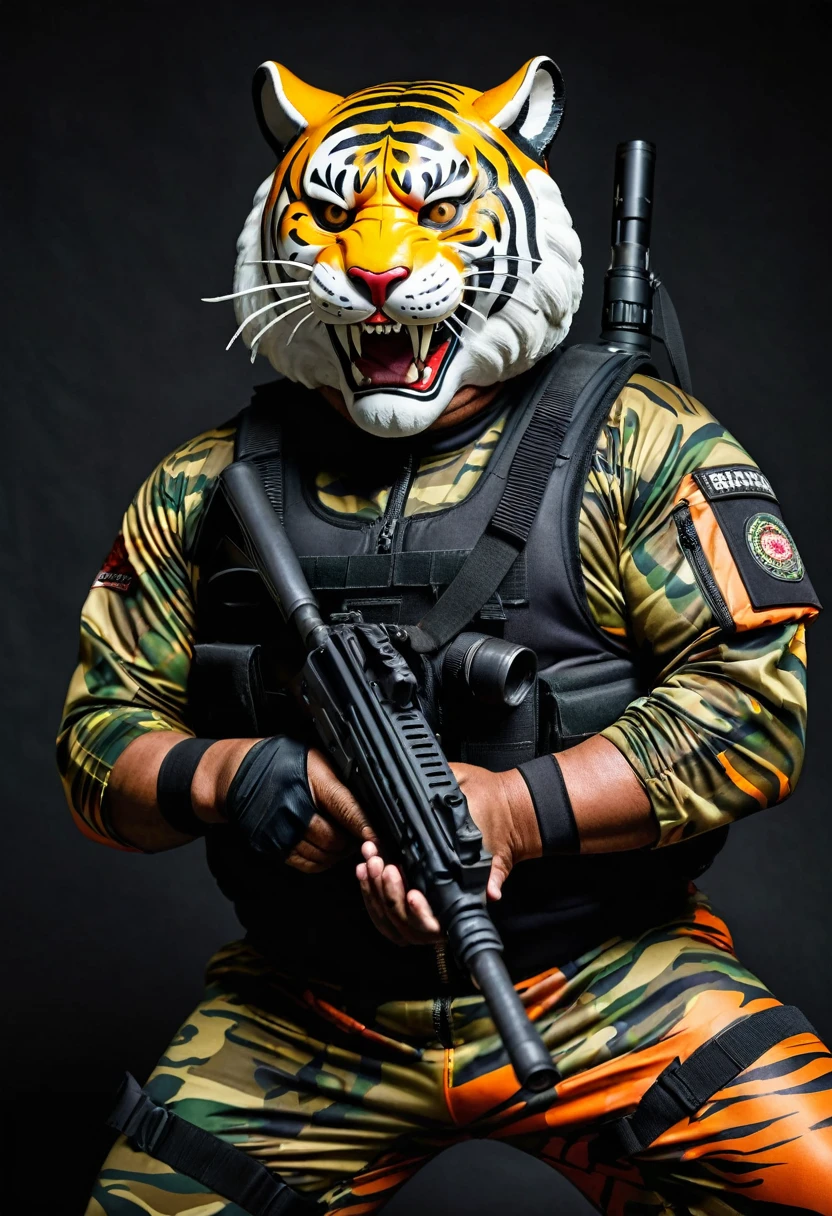 (a dark-skinned fat old man in a bulky camouflage zipper diver suit) shooting with a gun and (wearing roaring siberian tiger mask that show the wearer eyes), muscular, Basuki Abdullah, sumatraism, action, a character portrait, heroic, fierce, snarling