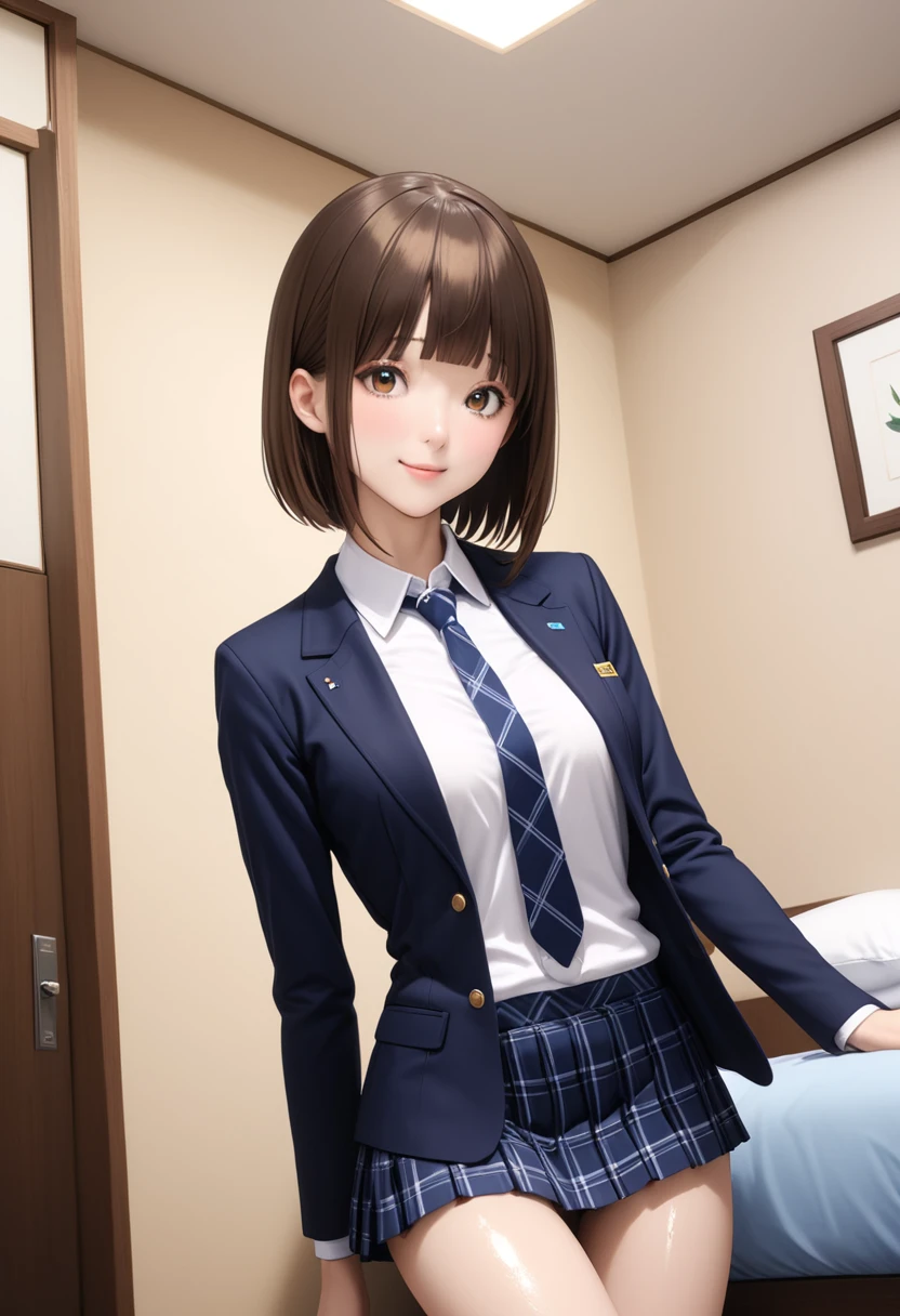 (masterpiece,Highest quality:1.3,best quality illustration,realistic),cowboy shot,1woman,20 year old Japanese beauty,very small head,(short bob brown hair),bangs,brown eyes,gorgeous eyes,blush,smile,.medium breasts,((very long body:1.3)),toned body,slender body,skinny:1.3,(School uniform、Dark blue blazer jacket、White shirt、Navy blue tie、Dark blue plaid pleated mini skirt),gleaming skin,shiny skin,oily skin,Simple bedroom、simple hotel、Tokyo,