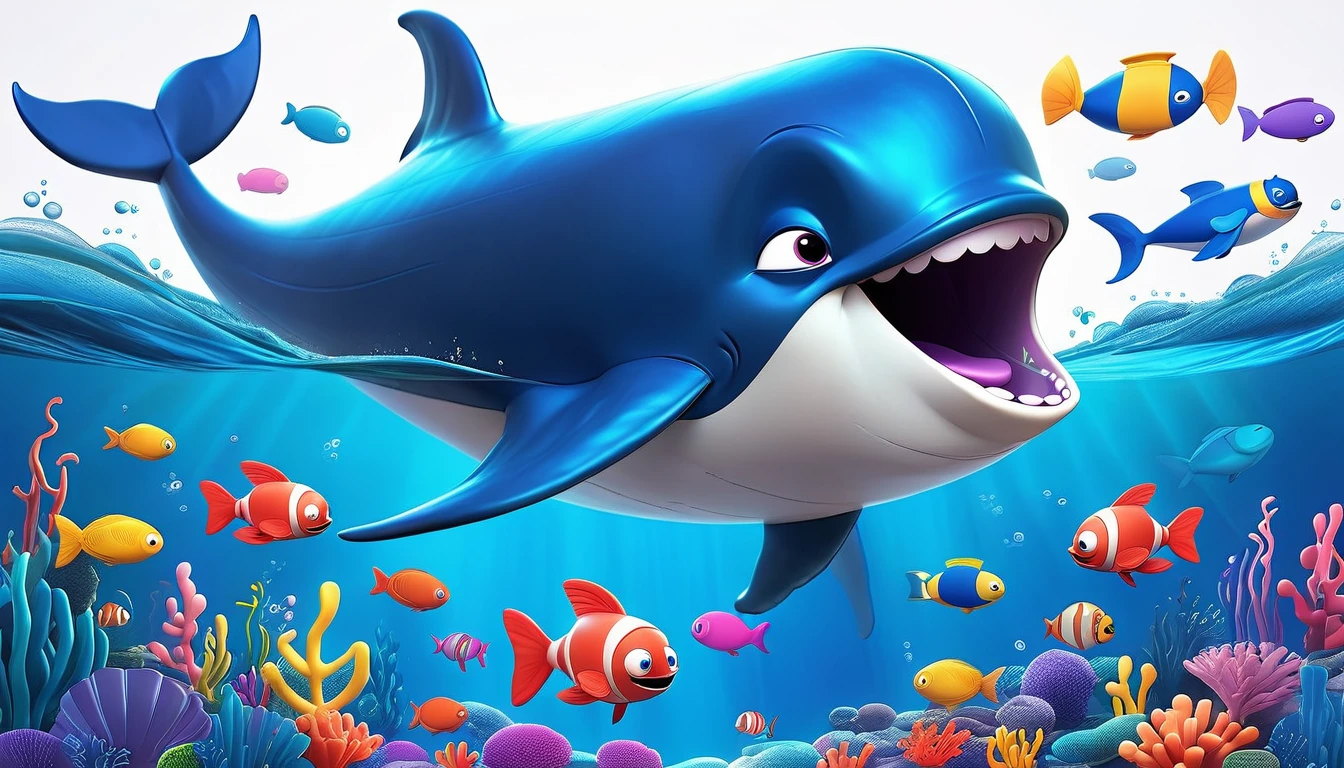 Create a 3-D Pixar style art scene for kids featuring a blue whale with a heart as big as a small car next to it. The scene should be colorful and vibrant, with an ocean background, coral reefs, and schools of fish. The overall mood should be engaging and inviting for young children.