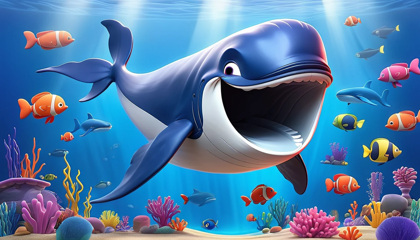 Create a 3-D Pixar style art scene for kids featuring a blue whale with a heart as big as a small car next to it. The scene should be colorful and vibrant, with an ocean background, coral reefs, and schools of fish. The overall mood should be engaging and inviting for young children.