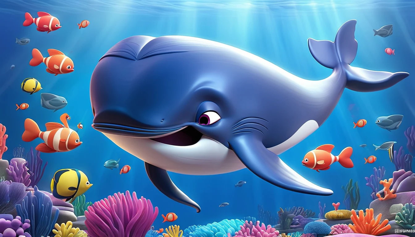 Create a 3-D Pixar style art scene for kids featuring a blue whale with a heart as big as a small car next to it. The scene should be colorful and vibrant, with an ocean background, coral reefs, and schools of fish. The overall mood should be engaging and inviting for young children.