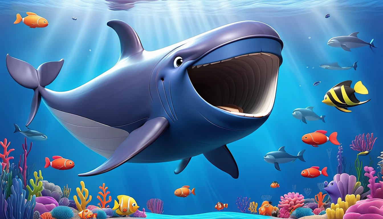 Create a 3-D Pixar style art scene for kids featuring a blue whale with a heart as big as a small car next to it. The scene should be colorful and vibrant, with an ocean background, coral reefs, and schools of fish. The overall mood should be engaging and inviting for young children.