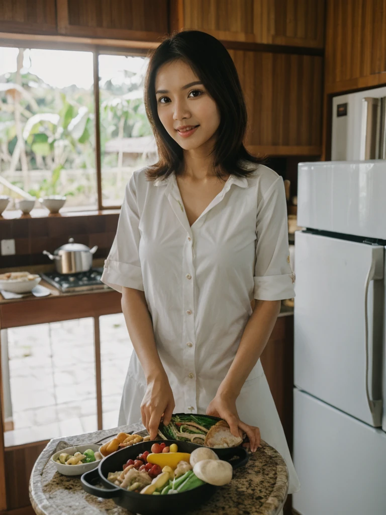 Mina, 1girl, solo, realistic, photorealistic, high quality picture, 8k, high resolution, detailed quality, film grain, natural photo, ultrarealistic, (((25-years-old))), ((detailed wrinkles in her face)), FILIPINA, (Background: Indonesian), (((SLIM))), ((THIN)), (Slender) (Auburn Short hair)), come hither look, fully clothed, Pose: standing, ((preparing lunch in her kitchen in Indonesia)), sunrise, full shot