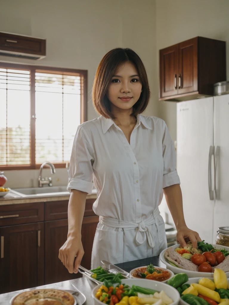 Mina, 1girl, solo, realistic, photorealistic, high quality picture, 8k, high resolution, detailed quality, film grain, natural photo, ultrarealistic, (((25-years-old))), ((detailed wrinkles in her face)), FILIPINA, (Background: Indonesian), (((SLIM))), ((THIN)), (Slender) (Auburn Short hair)), come hither look, fully clothed, Pose: standing, ((preparing lunch in her kitchen in Indonesia)), sunrise, full shot