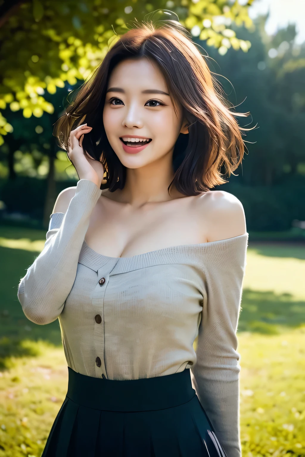 (((A beautiful woman standing in a windy park:1.3))),(Hair blowing up in the strong wind:1.3),(Shirt floating in strong wind:1.3),(Skirt floating in strong wind:1.3),Hands holding down the rising skirt:1.3),Off the shoulder,White shirt,Looking at the audience,whole body,From above,look up,Beautiful Hands,(Reddish brown wet shiny short messy hair),Blushing cheeks,Pointed red mouth,Big Breasts,Accentuate your breasts,Perfect body curves,Beautiful clavicle,((Expressing happiness through facial expressions:1.3))),Nice face,
Detailed clothing features,Detailed hair features,Detailed facial features,Looking at the camera,,(Dynamic and sexy pose),Cinematic Light,(Highest quality,Written boundary depth,Intricate details,The contrast of light and shadow makes the subject appear three-dimensional,) ,Digital single-lens reflex camera, (Photorealistic),(Picture Mode Ultra HD,)