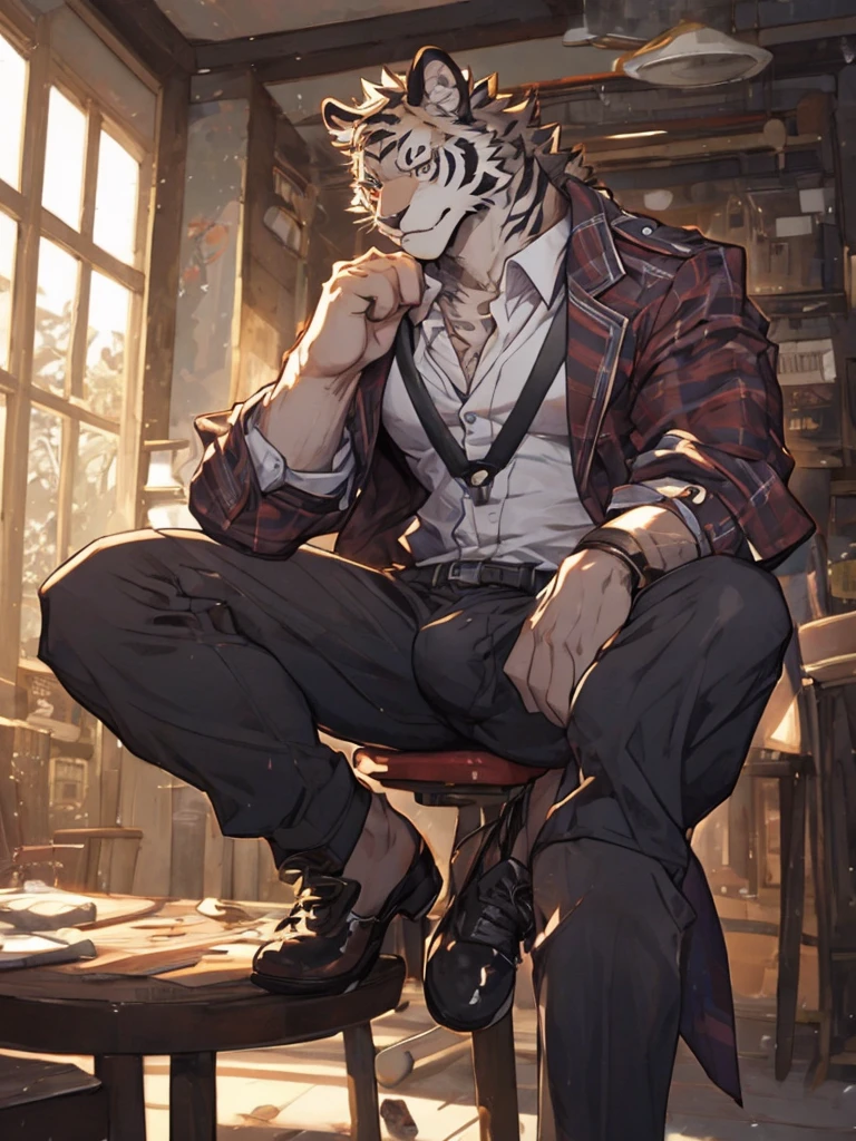 {{bara extremely handsome white tiger,}} {{white fur,}} white, wearing military like purple trench coat, purple trousers, white dress shirt and necktie, white fluffy furry body and limbs, loafers, very tall, very broad shoulders, narrow waist, muscular arms, massive pecs, purple eyes, very long legs, sitting on swivel chair with legs spread, from below perspective, massive bulge, sophisticated hot look, sexy pose, full body, sunlight casting over, 3/4 view, best quality, high quality, silver earring on left ear, sultry smirk