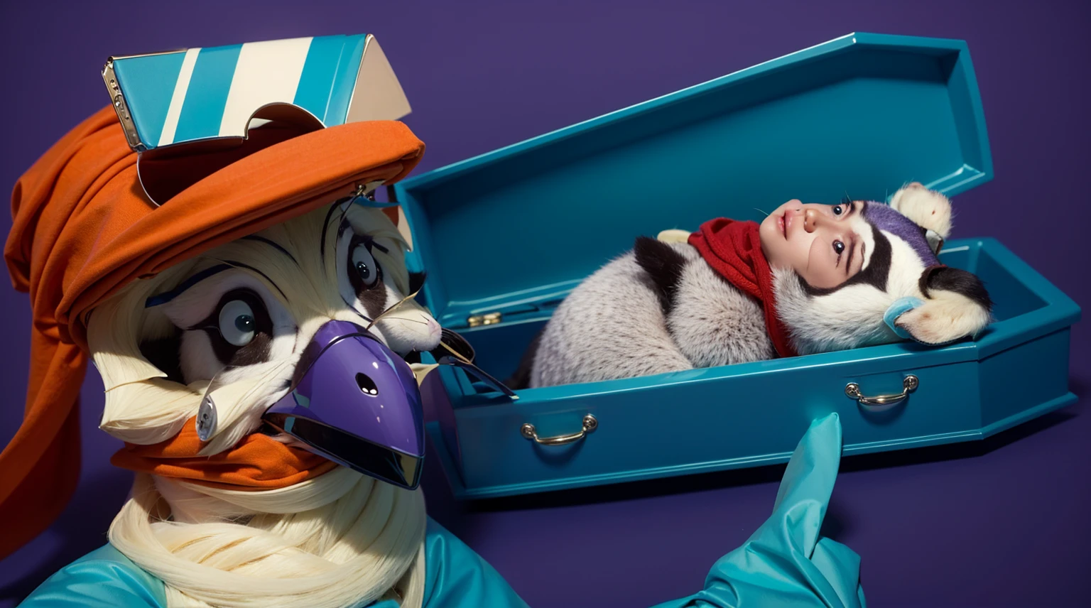 room This image features a cartoonish raccoon character lying in a blue coffin. The raccoon is dressed in room a purple room outfit with a red scarf and has a black mask painted on its face. The character appears to be peacefully resting with its eyes room closed. The scene is set against a gradient blue room background, which enhances the somber yet whimsical nature of the image. The bright colors of the raccoon's outfit and the coffin create a striking contrast, adding to the surreal and imaginative quality of the scene. room