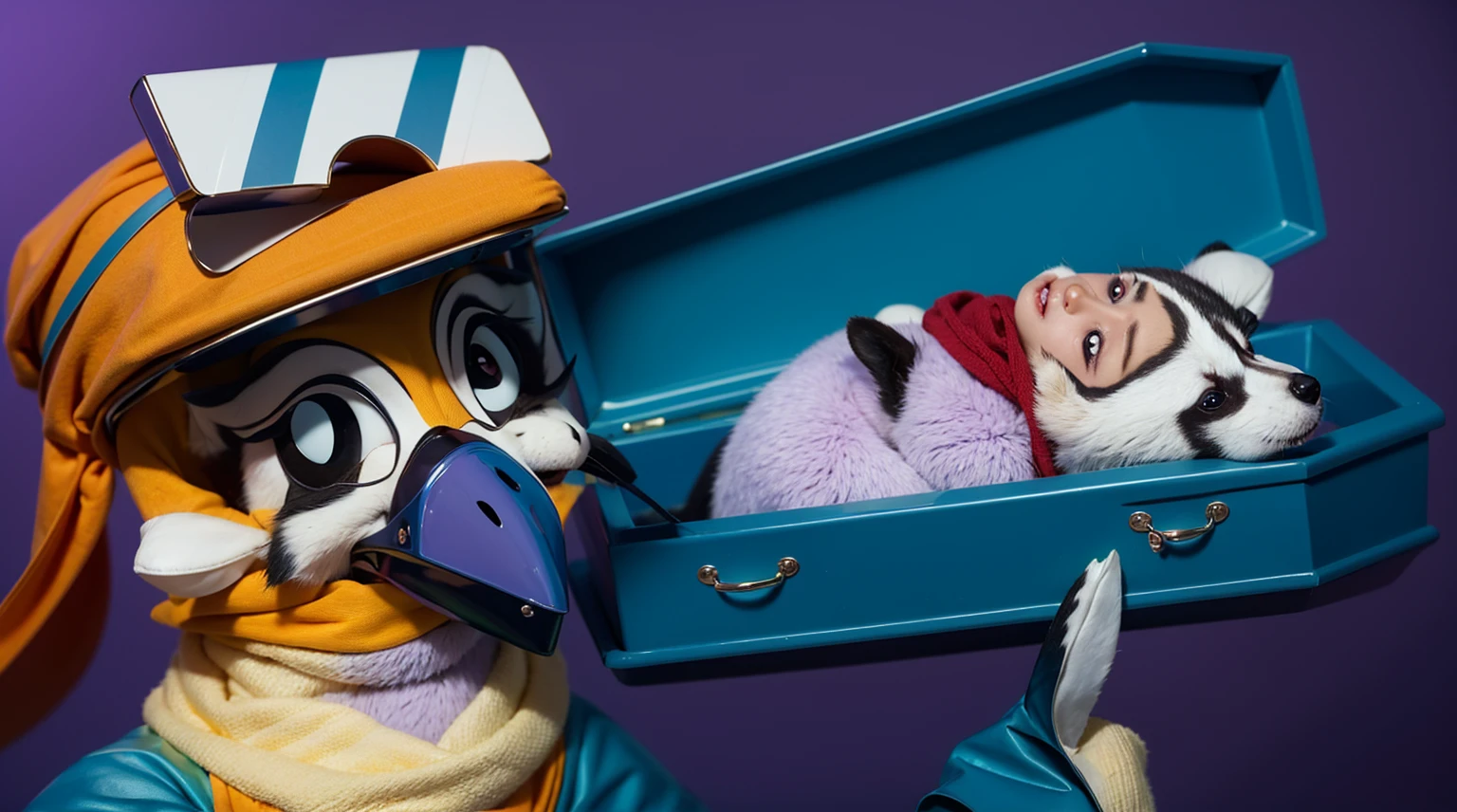 room This image features a cartoonish raccoon character lying in a blue coffin. The raccoon is dressed in room a purple room outfit with a red scarf and has a black mask painted on its face. The character appears to be peacefully resting with its eyes room closed. The scene is set against a gradient blue room background, which enhances the somber yet whimsical nature of the image. The bright colors of the raccoon's outfit and the coffin create a striking contrast, adding to the surreal and imaginative quality of the scene. room