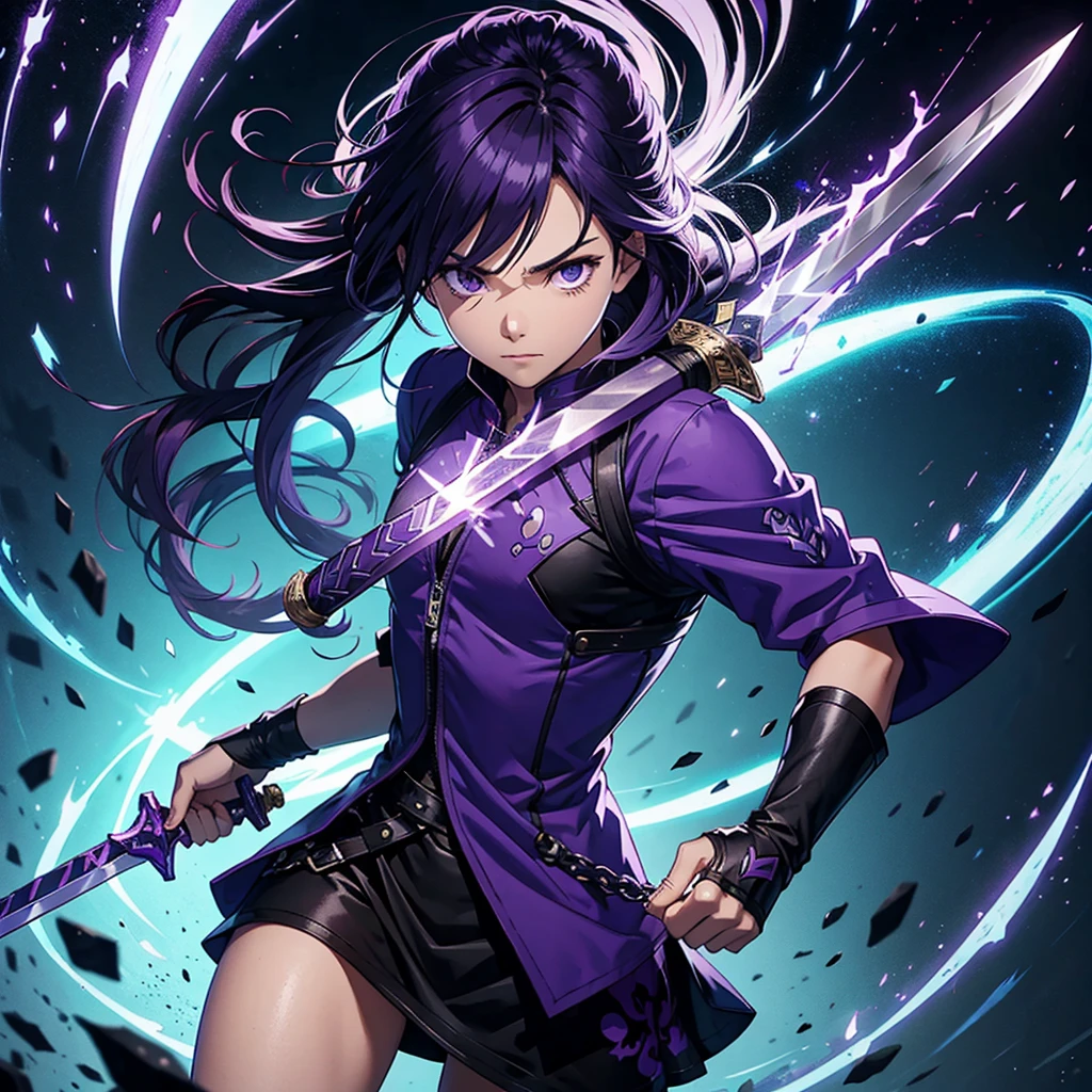 A main character with a simple sword with op power male character using purple colour power 