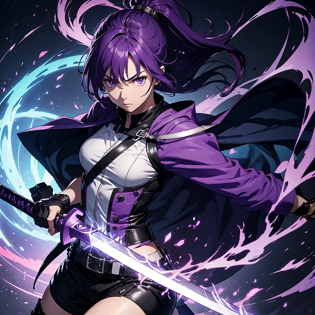 A main character with a simple sword with op power male character using purple colour power