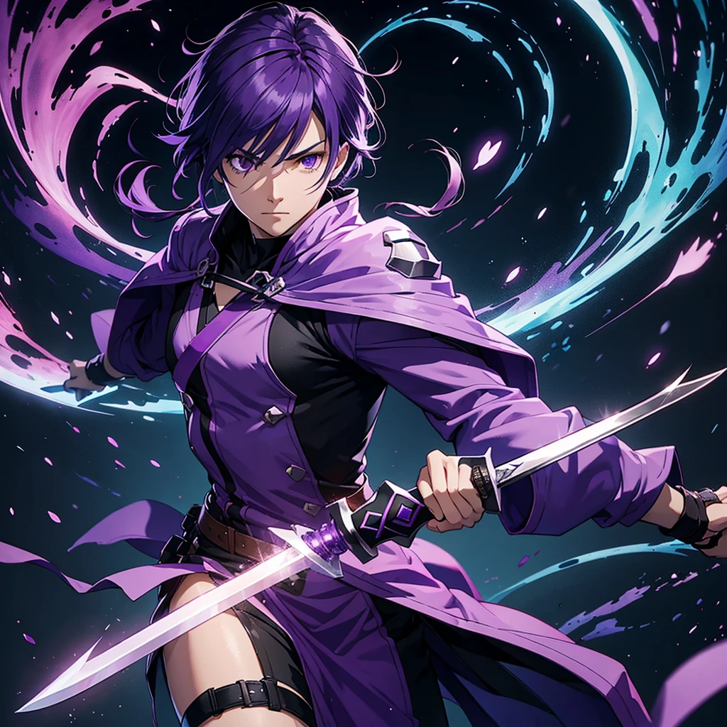 A main character with a simple sword with op power male character using purple colour power 