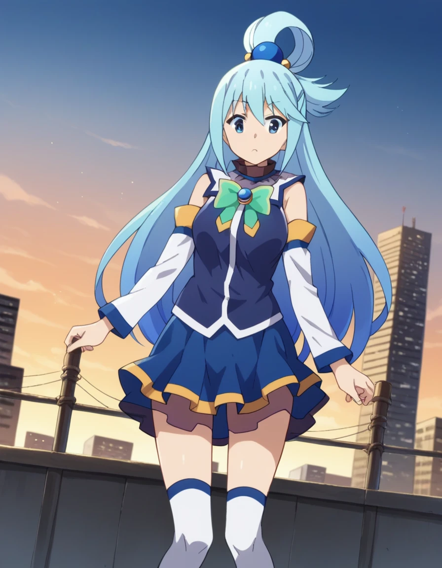 score_9, score_8_superior, score_7_superior, sauce_anime,
KonoSubaAqua, Aqua \(KonoSuba\), Long Hair, blue eyes, hair ornaments, very Long Hair, Blue Hair, Hair Ring, シングルHair Ring, Hair ties,
skirt, shirt, Knee socks, Bare shoulders, Removable sleeves, white Knee socks, blue skirt, blue shirt, Green ribbon,
Outdoor, Cityscape, I had already finished,
View your viewers, Cowboy Shot, Dutch Angle,