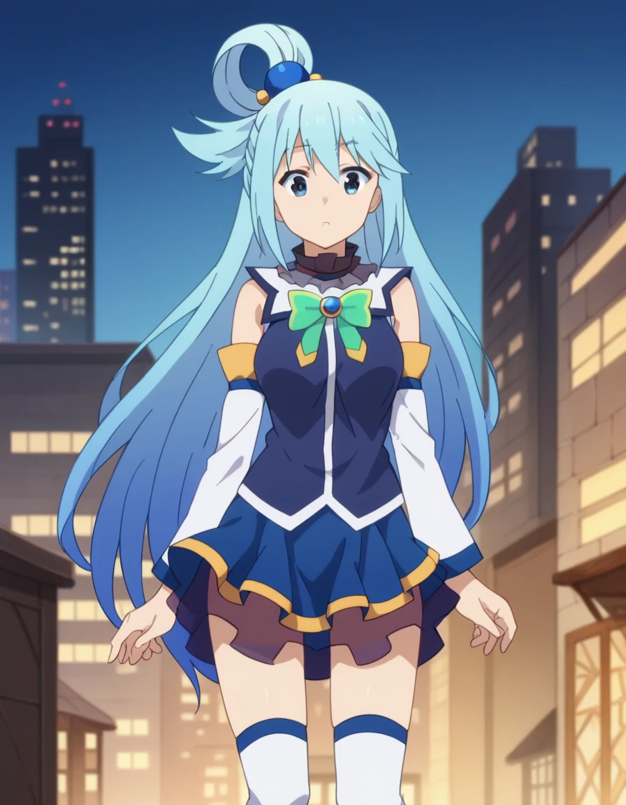 score_9, score_8_superior, score_7_superior, sauce_anime,
KonoSubaAqua, Aqua \(KonoSuba\), Long Hair, blue eyes, hair ornaments, very Long Hair, Blue Hair, Hair Ring, シングルHair Ring, Hair ties,
skirt, shirt, Knee socks, Bare shoulders, Removable sleeves, white Knee socks, blue skirt, blue shirt, Green ribbon,
Outdoor, Cityscape, I had already finished,
View your viewers, Cowboy Shot, Dutch Angle,