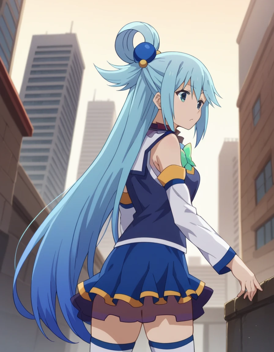 score_9, score_8_superior, score_7_superior, sauce_anime,
KonoSubaAqua, Aqua \(KonoSuba\), Long Hair, blue eyes, hair ornaments, very Long Hair, Blue Hair, Hair Ring, シングルHair Ring, Hair ties,
skirt, shirt, Knee socks, Bare shoulders, Removable sleeves, white Knee socks, blue skirt, blue shirt, Green ribbon,
Outdoor, Cityscape, I had already finished,
View your viewers, Cowboy Shot, Dutch Angle,