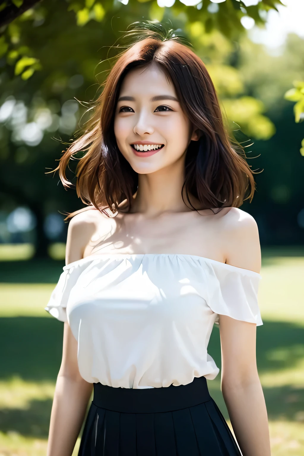 (((A beautiful woman standing in a windy park:1.3))),(Hair blowing up in the strong wind:1.3),(Shirt floating in strong wind:1.3),(Skirt floating in strong wind:1.3),Hands holding down the rising skirt:1.3),Off the shoulder,White shirt,Looking at the audience,whole body,From above,look up,Beautiful Hands,(Reddish brown wet shiny short messy hair),Blushing cheeks,Pointed red mouth,Big Breasts,Accentuate your breasts,Perfect body curves,Beautiful clavicle,((Expressing happiness through facial expressions:1.3))),Nice face,
Detailed clothing features,Detailed hair features,Detailed facial features,Looking at the camera,,(Dynamic and sexy pose),Cinematic Light,(Highest quality,Written boundary depth,Intricate details,The contrast of light and shadow makes the subject appear three-dimensional,) ,Digital single-lens reflex camera, (Photorealistic),(Picture Mode Ultra HD,)