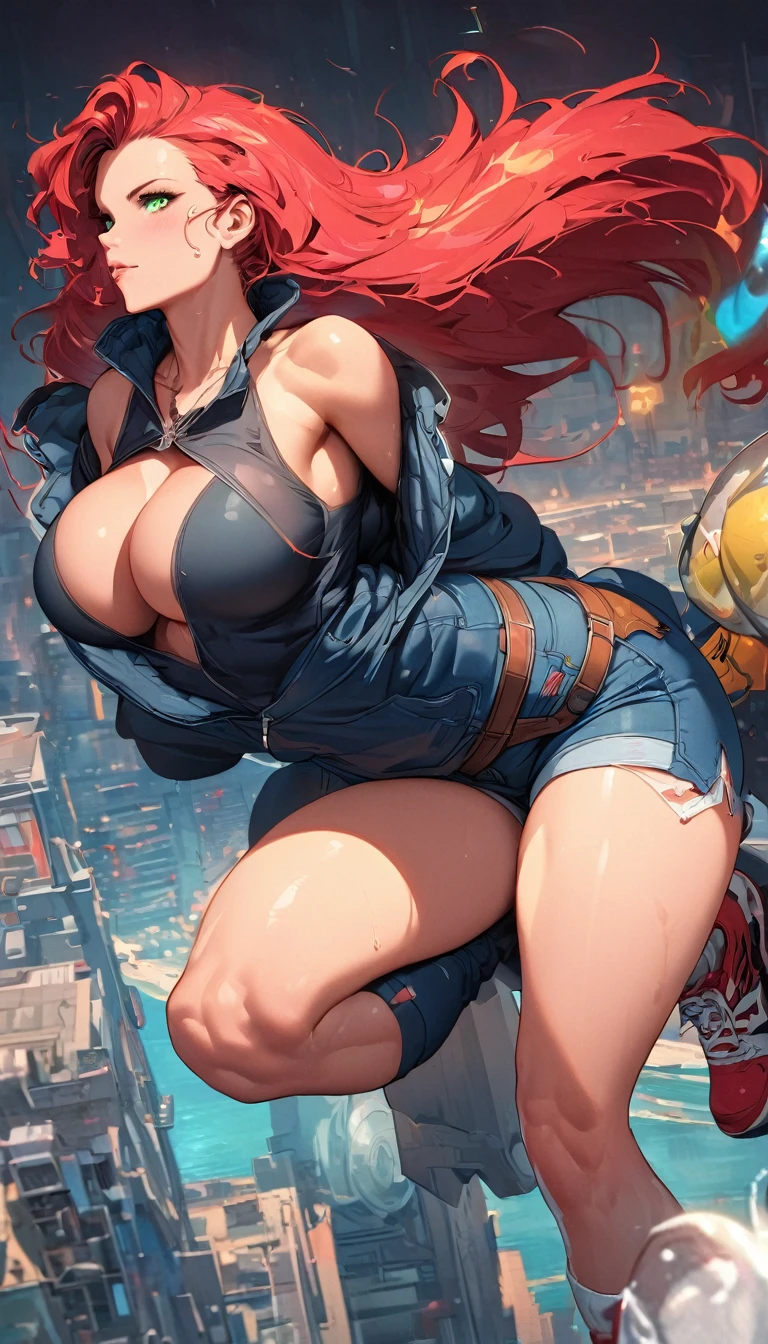 best quality,4k,8k,highres,masterpiece:1.2),ultra-detailed, extremely detailed eyes, extremely detailed body, (large masterpiece digital art), (detailed manga illustration), (detailed line art), ((perfect anatomy)), (intricate details:1.3), (ultra-detailed:1.3), (illustration:1.3), (sharp focus:1.3), (natural lighting:1.05), (vivid colors:1.3), (masterpiece), (best quality:1.4), (perfect anatomy:1.4), high quality, expressive eyes, full body, detailed face, beautiful face, perfect face, 1 girl, breasts, cleavage, gloves, large breasts, ultramarine jacket, very long hair, thigh length hair, ({dark skin}), dark-skinned female, detailed ((red hair)), messy hair, green eyes, gloves, jacket, hourglass physique, casual outfit, denim shorts, sneakers, graphic t-shirt, dynamic lighting, cityscape background curvy, Atey Ghailan, Jeremy Mann, Greg Manchess, Antonio Moro, trend in ArtStation, trend in CGSociety, Intricate, High Detail, Sharp focus, dramatic and photorealistic painting art by Midjourney and Greg Rutkowski, Jeff Bridges, ((cartoon style)), Marvel Cinematic Universe style, (((Boston in the background))), soft bokeh of Boston