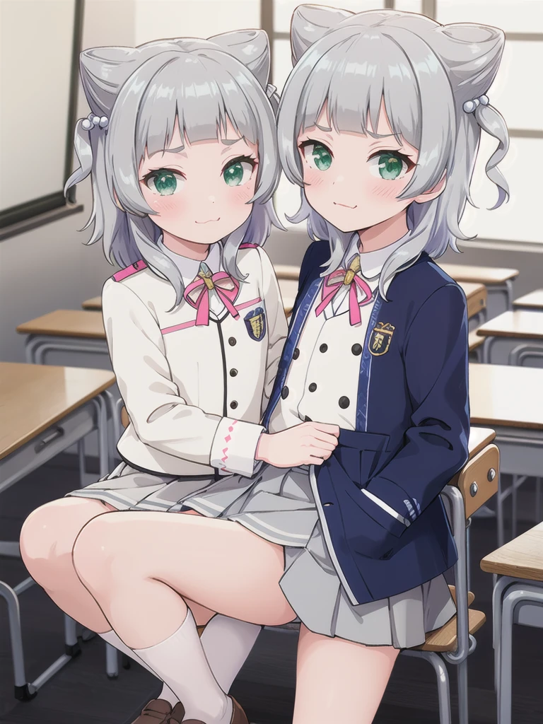 indoor,((classroom)), Green Eyes, Grey Hair, hair ornaments, bangs, Virtual YouTuber, blunt bangs, Double Bang, Animal ears, Flat Chest,uniform,Grey Skirt,Pink Panties,blush,1boy,,Spanning the shoulders,Hetero