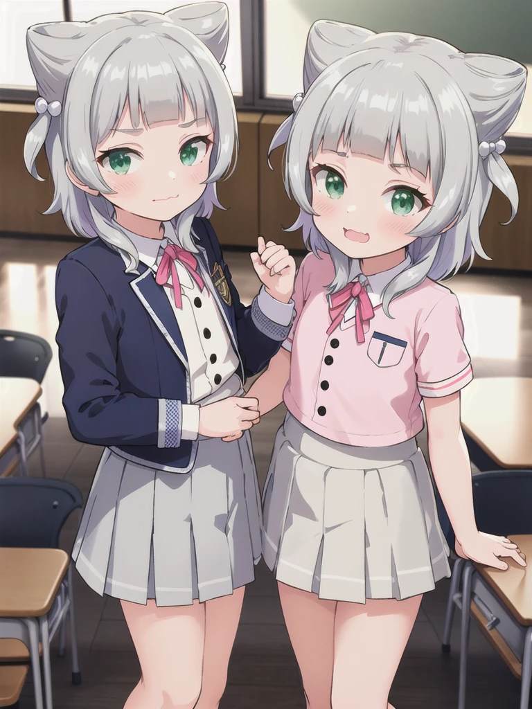 indoor,((classroom)), Green Eyes, Grey Hair, hair ornaments, bangs, Virtual YouTuber, blunt bangs, Double Bang, Animal ears, Flat Chest,uniform,Grey Skirt,Pink Panties,blush,1boy,,Spanning the shoulders,Hetero