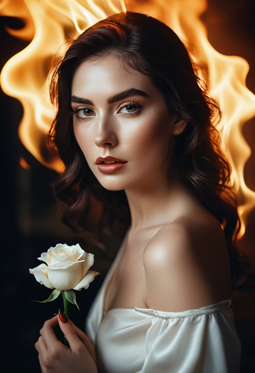 a woman with a white rose on fire, flawless skin, whimsical photography style, photo captured by an Arriflex 35BL camera using Canon K25 prime lenses, cinematic, dramatic lighting, ultra clear, breathtaking surreal masterpiece. sensual pose