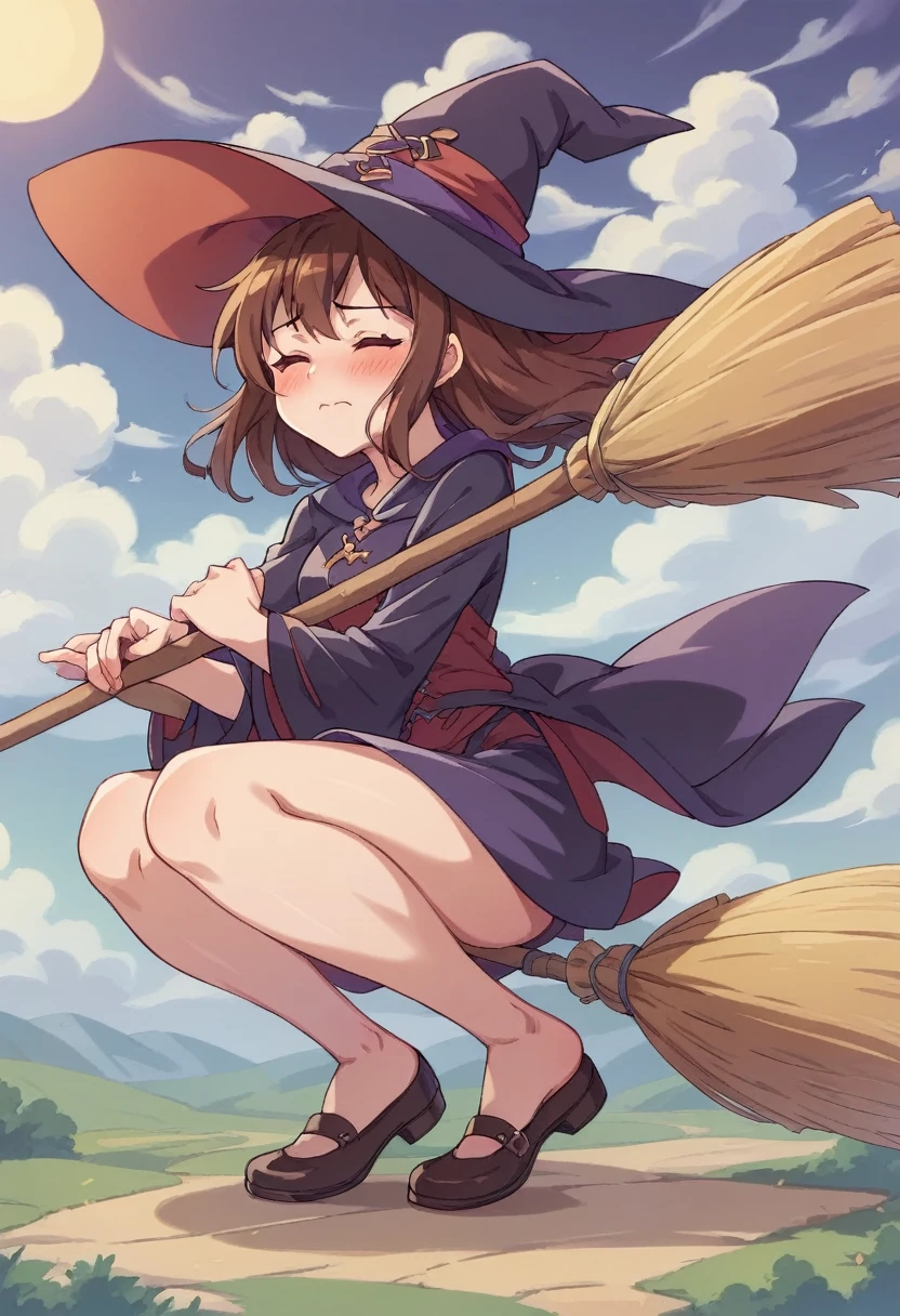 ((((空を飛ぶwitch))),((Ride a broom)),(Straddling a broom),Fantasy,Beautiful light and shadow,Anatomically correct,masterpiece,Highest quality,最高masterpiece,8K,Use of magic,witch:witchの帽子:witchの衣装:Familiar,Wind,Fantasy,wonderful,An illustration,Digital Art,wonderful,wonderful,カラーAn illustration,Rich colors,(Blushing),(Eyes closed),(Mouth closed),(Holding the end of the broom tightly with both hands),(slightly squatting),(Both feet are on the ground),(Both feet are wearing shoes),（ One broom handle、The broom handle is connected）,(The tips of the broom face backwards)