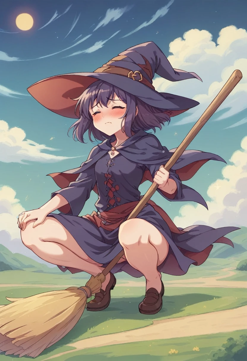 ((((空を飛ぶwitch))),((Ride a broom)),(Straddling a broom),Fantasy,Beautiful light and shadow,Anatomically correct,masterpiece,Highest quality,最高masterpiece,8K,Use of magic,witch:witchの帽子:witchの衣装:Familiar,Wind,Fantasy,wonderful,An illustration,Digital Art,wonderful,wonderful,カラーAn illustration,Rich colors,(Blushing),(Eyes closed),(Mouth closed),(Holding the end of the broom tightly with both hands),(slightly squatting),(Both feet are on the ground),(Both feet are wearing shoes),（ One broom handle、The broom handle is connected）,(The tips of the broom face backwards)