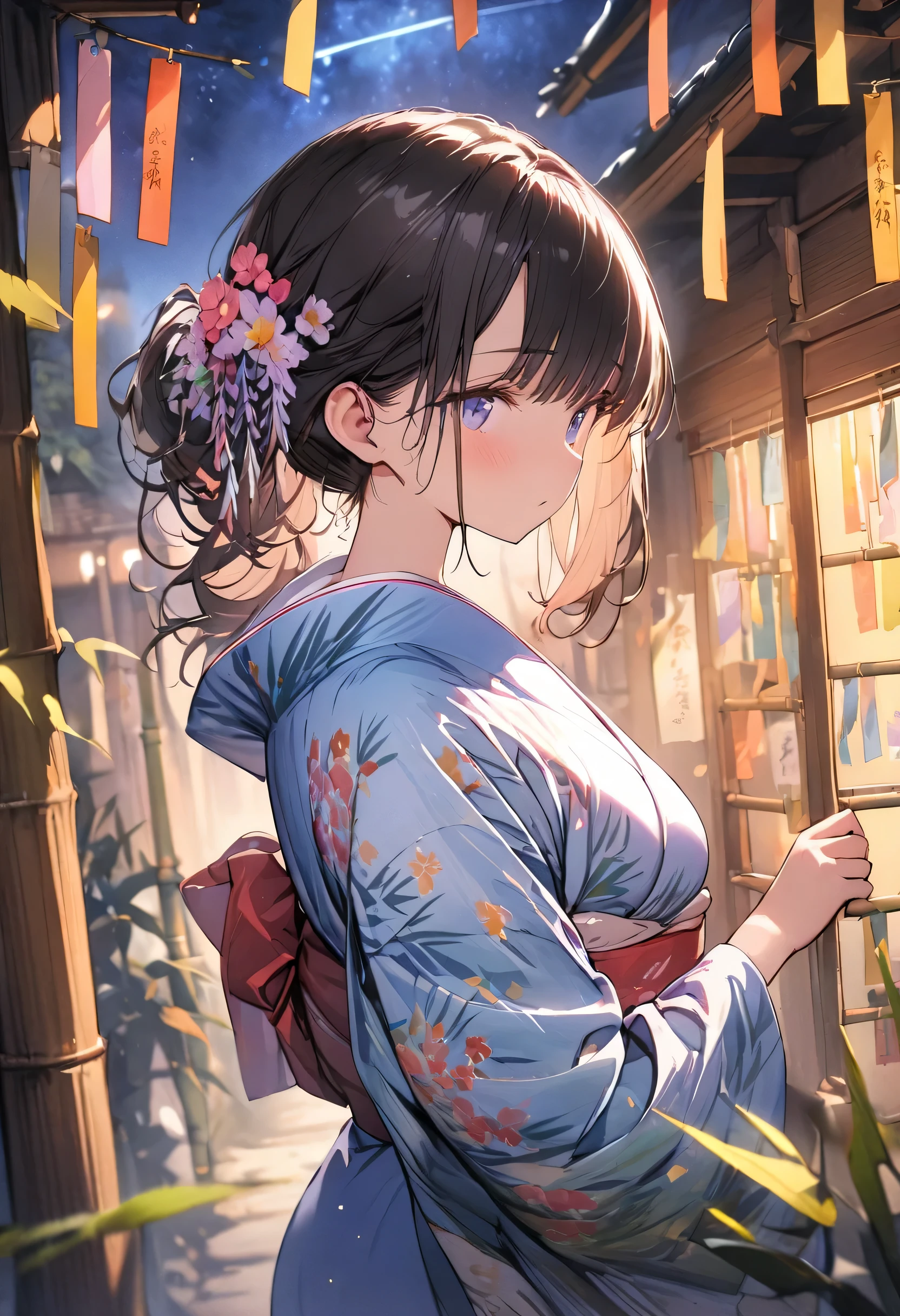 1girl, (masterpiece, best quality, highly detailed, ultra detailed, absurdres:1.3), (1girl, cute, charming, detailed beautiful face:1.3), yukata, clear eyes, beautiful skin, (fantastic illustration, beautiful detail, best quality, top quality, high quality, fain touch outline:1.3), watercolor, clear, (tanabata:1.5), decorate strips of paper on bamboo, beautiful detail, (night sky, MilkyWay:1.3), beautiful illustration, beautiful scenery, (fullbody shot:1.3), (bamboo:1.2)