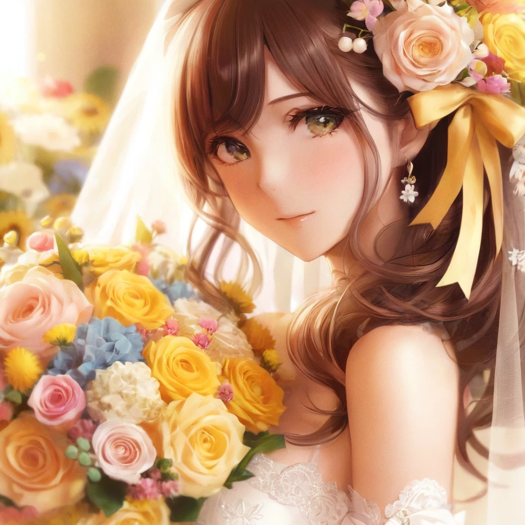 Close up portrait of woman holding bouquet of flowers, Beautiful Anime girl, Beautiful Anime woman, Cute Anime Girl, Beautiful Anime style, Beautiful and gorgeous digital art, Beautiful Anime, Beautiful Anime portrait, Cute Anime Girl, Beautiful sunflower anime girl, Attractive anime girl, Smooth anime CG art, Cute realistic portrait, Beautiful Anime face, Beautiful Anime art, Cute Anime Girl portraits