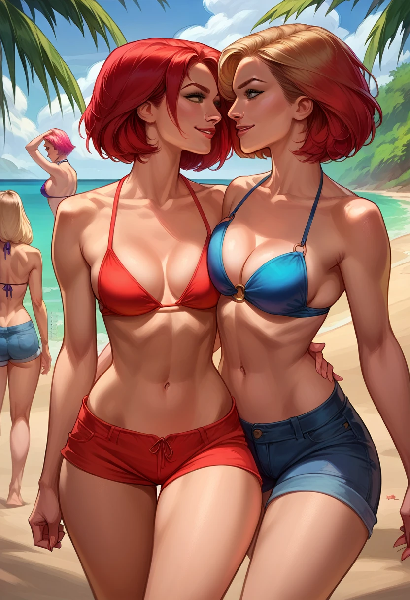 score_9, score_8_up, score_8_up, source_cartoon, 2girls, (short hair Gwen Stacy:1.0), (MJ Watson, long flowing hair, red hair:1.0), girlfriends, lovers, yuri, cleavage, bikini top, shorts, sexy thicc thighs, beach, outdoors, walking, smiling.