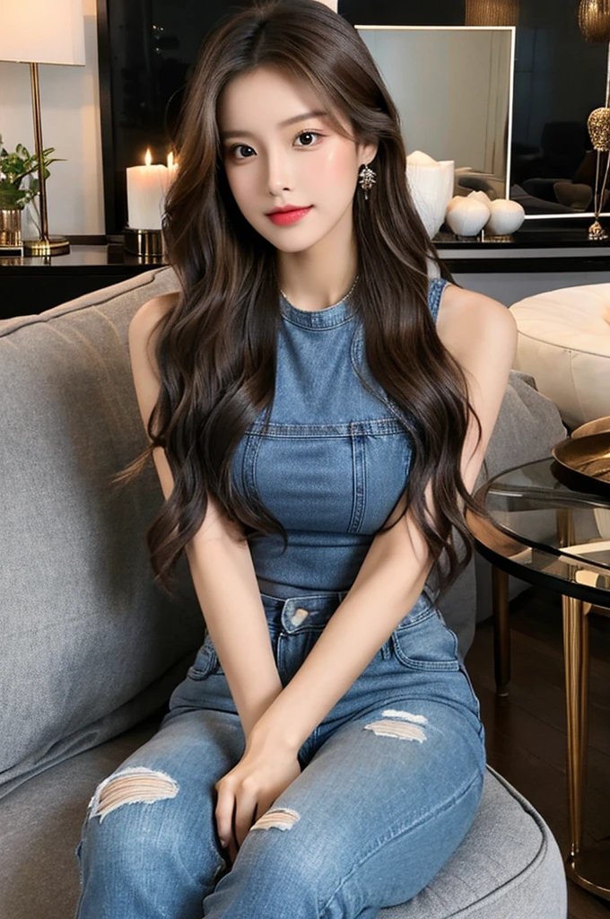 Generate an image of a stunning 20-year-old Asian woman with beauty akin to a goddess of the fire element. She has big brown eyes, dark brown hair, glowing skin, and an attractive appearance. She is wearing a beautiful top paired with blue skinny jeans. The woman is sitting sweetly on a living room sofa, her posture relaxed and inviting, surrounded by cozy and elegant decor.