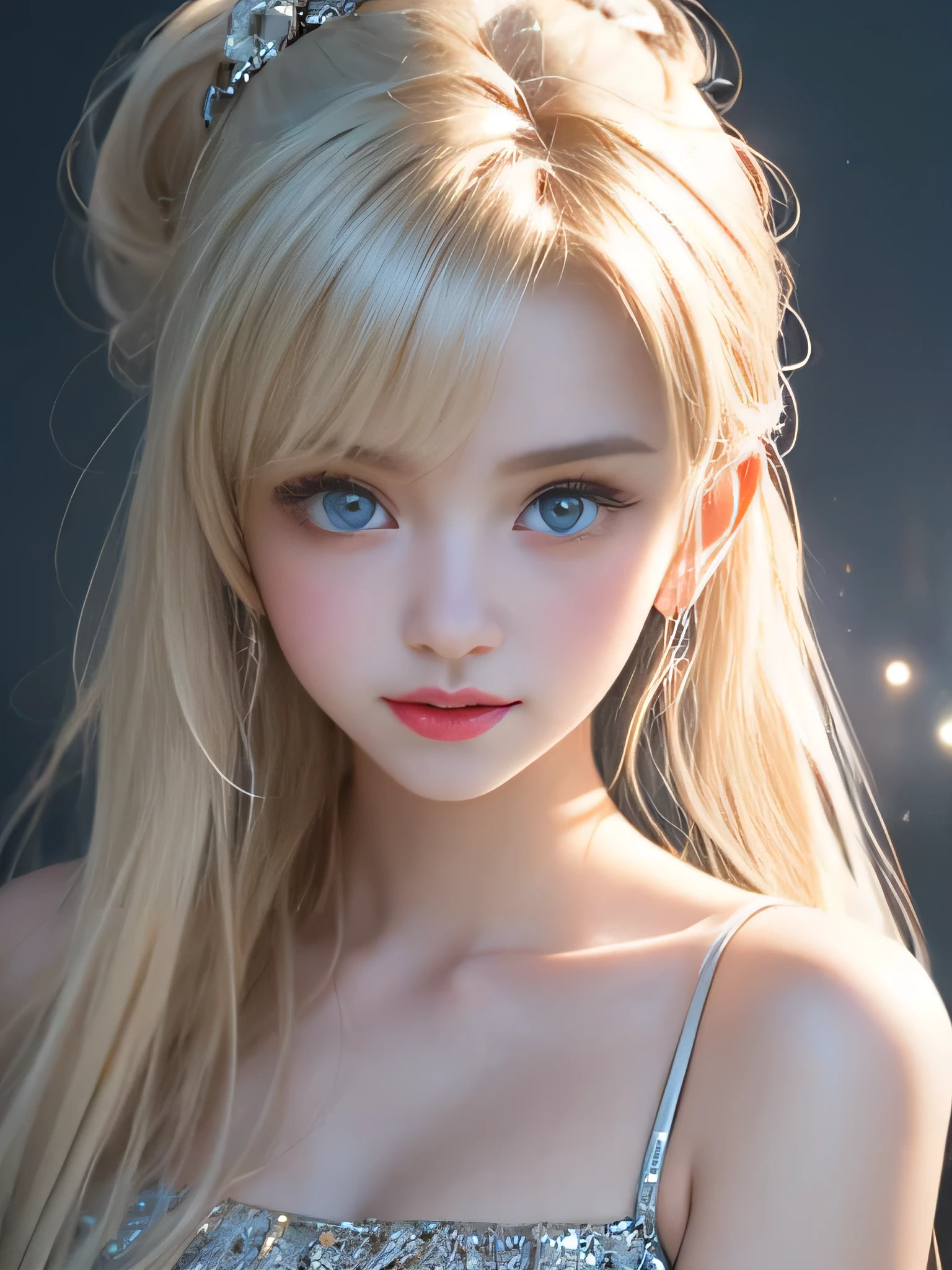 Portrait、、Bright expression、ponytail、Younger, brighter, whiter skin、Best Looks、Blonde reflection、Platinum blonde hair with dazzling highlights、Shiny bright hair,、Super long, silky straight hair、Shiny beautiful bangs、Sparkling, clear, attractive big blue eyes、A very beautiful, lovely and cute 16 year old girl、Ample breasts