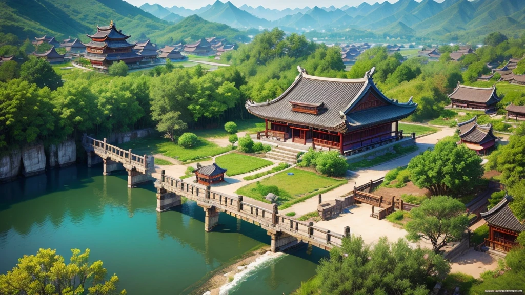Beautiful scenery of ancient Chinese village. Aerial view, Photorealistic photos, High definition, 8K
